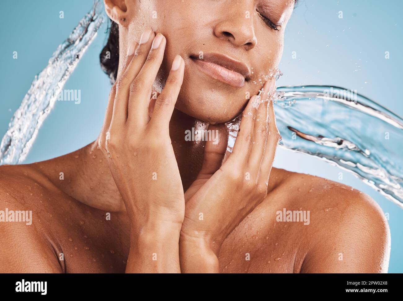 Face, water and skincare black woman for beauty, cosmetics and