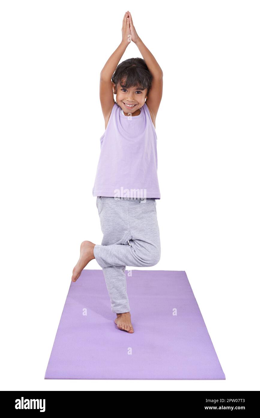 Little girl practicing yoga on white background Stock Photo - Alamy