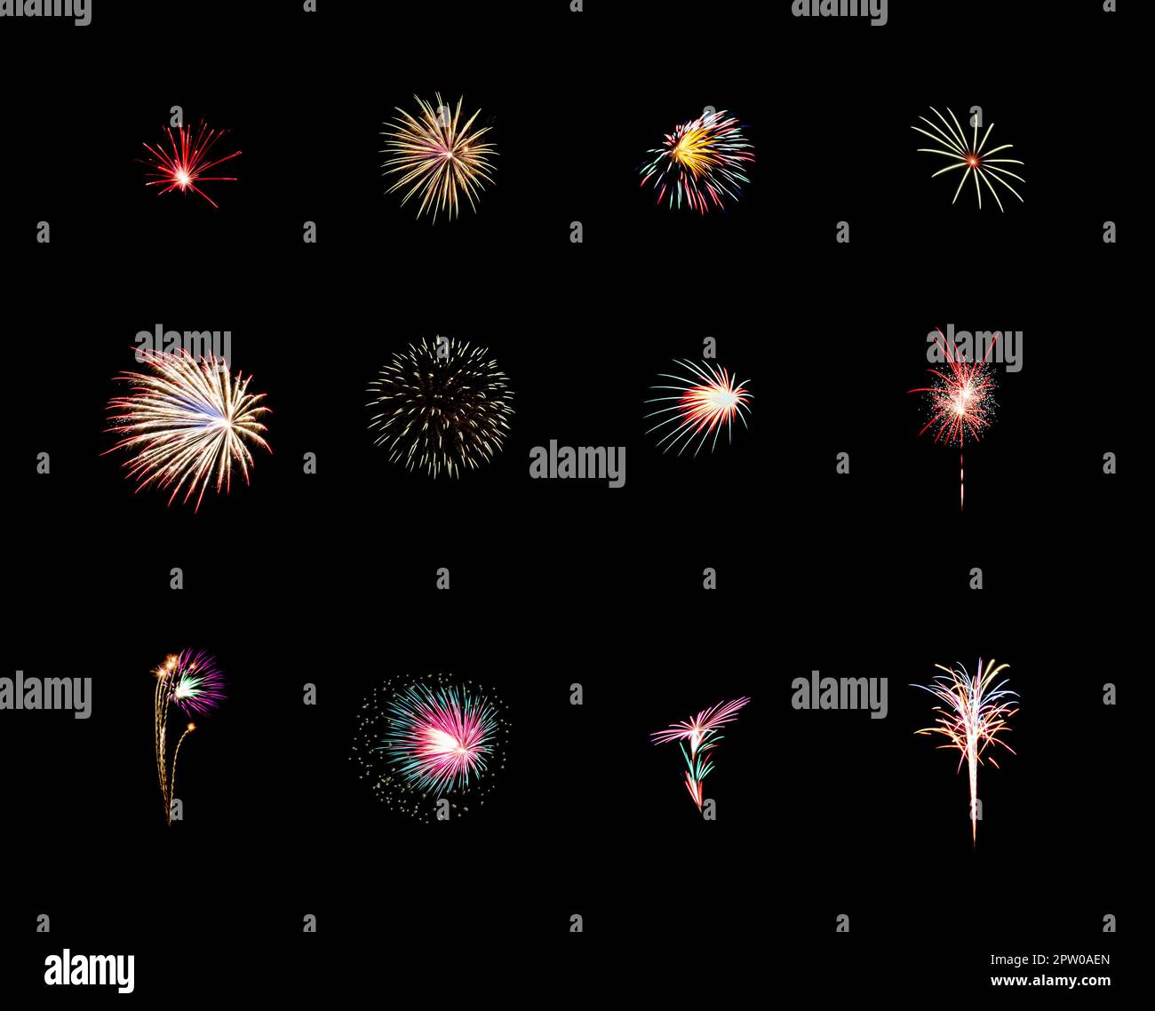 Colorful assorted twelve fireworks selection on a black background. New Year celebration concept Stock Photo