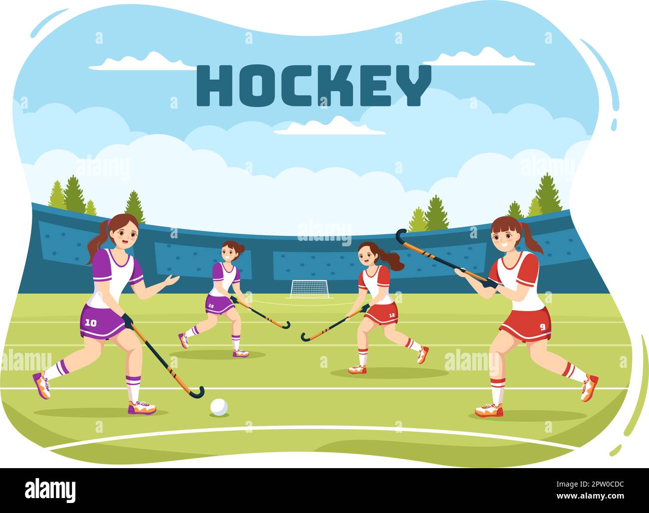 Hockey Player Sport with Helmet, Stick, Puck and Skates on Green Field