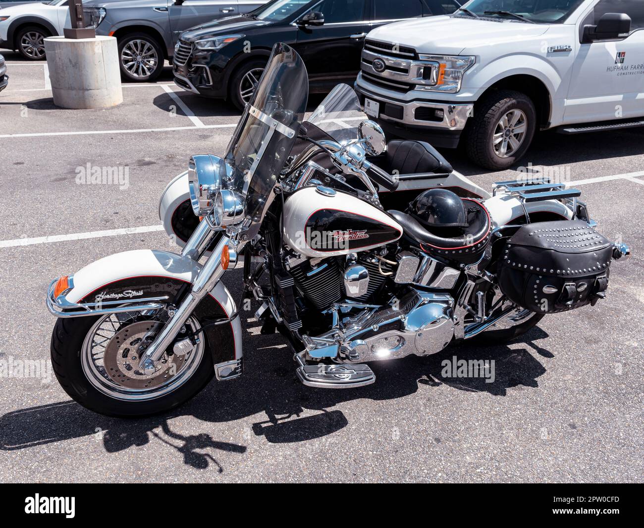 Harley Davidson Heritage Softail motorcycle with a sidecar in a parking