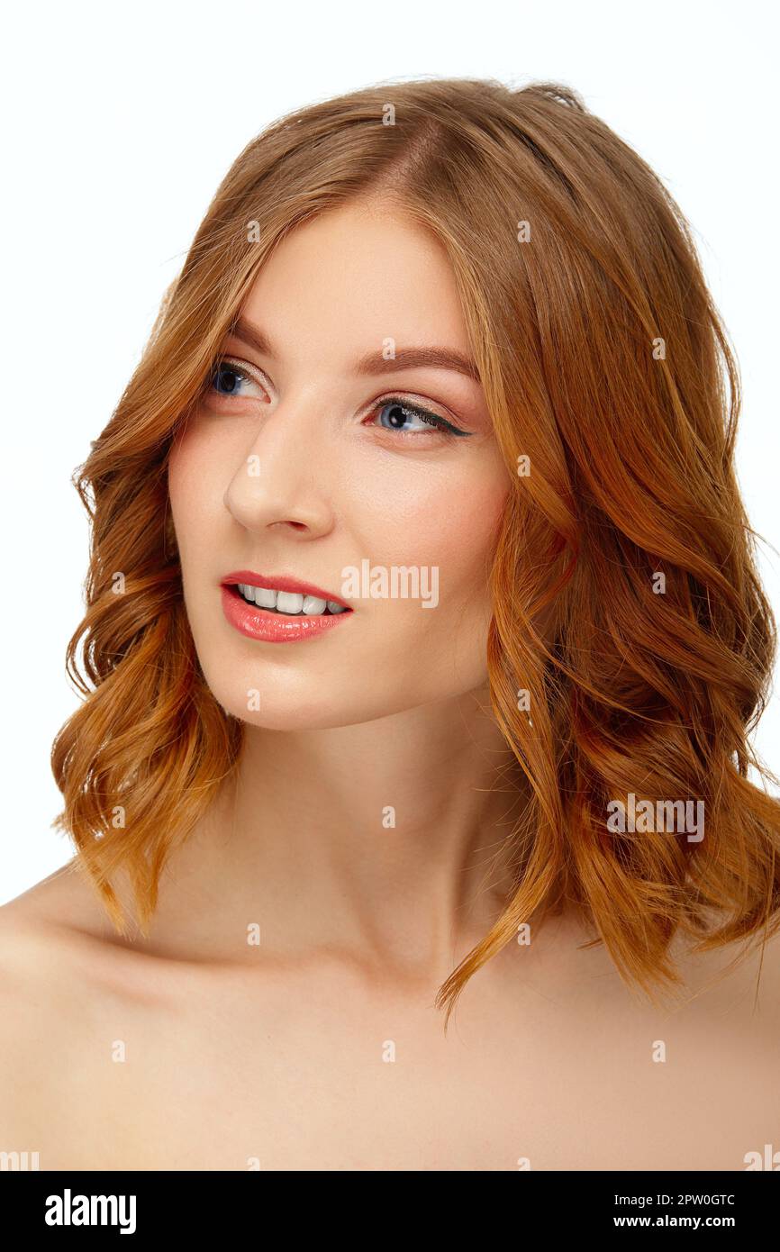 Face of beautiful young woman with blue eyes and red lips. Beauty ...