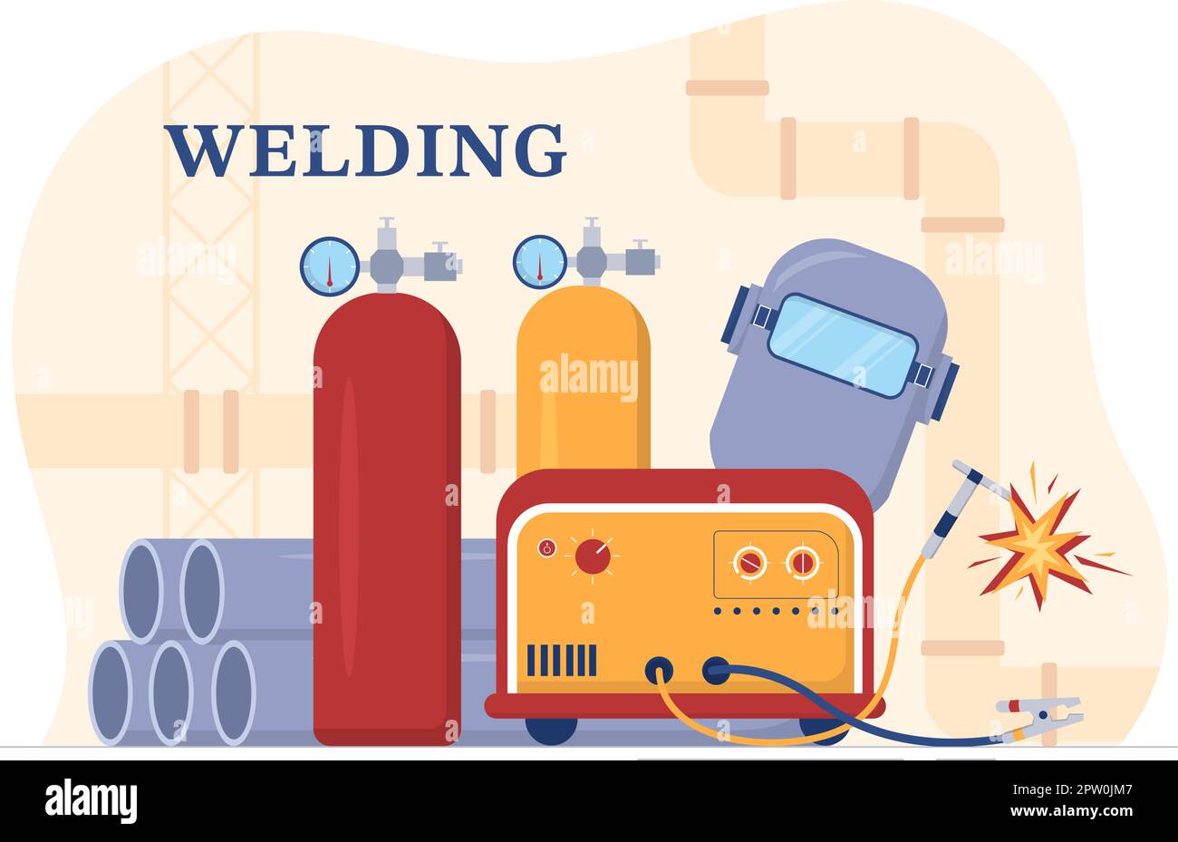 Welding Service with Professional Welder Job Weld Metal Structures, Pipe and Steel Construction in Flat Cartoon Hand Drawn Templates Illustration Stock Vector