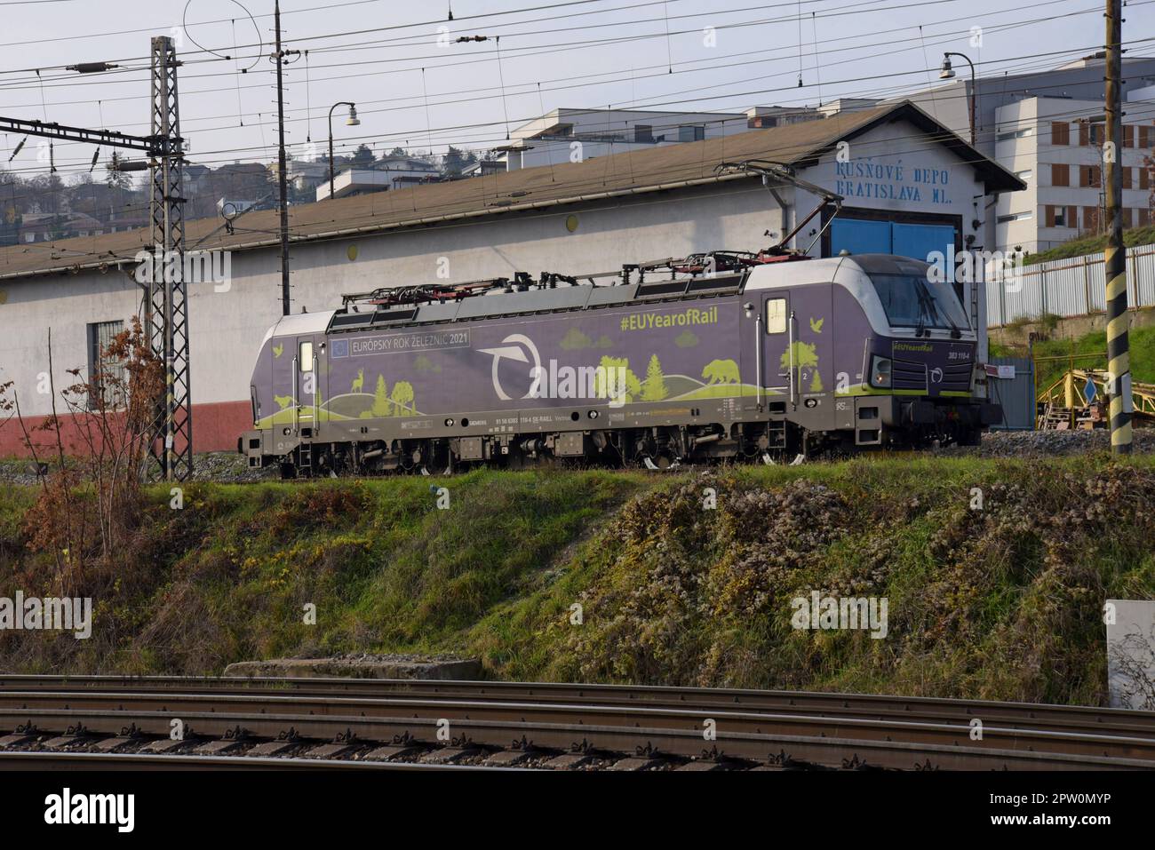 Slovak Railways European Year Of Rail Vectron locomotive at the main depot in Bratislava, Slovakia Stock Photo
