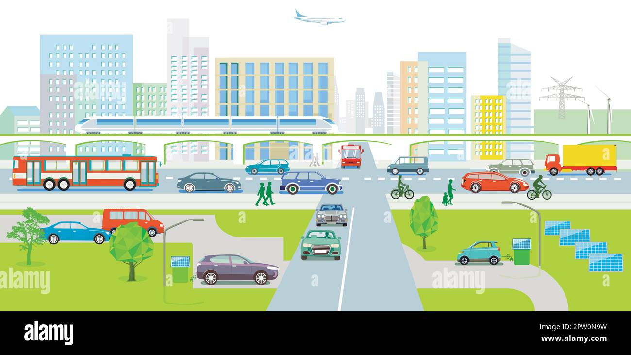 Cityscape with alternative energy sources illustration Stock Vector