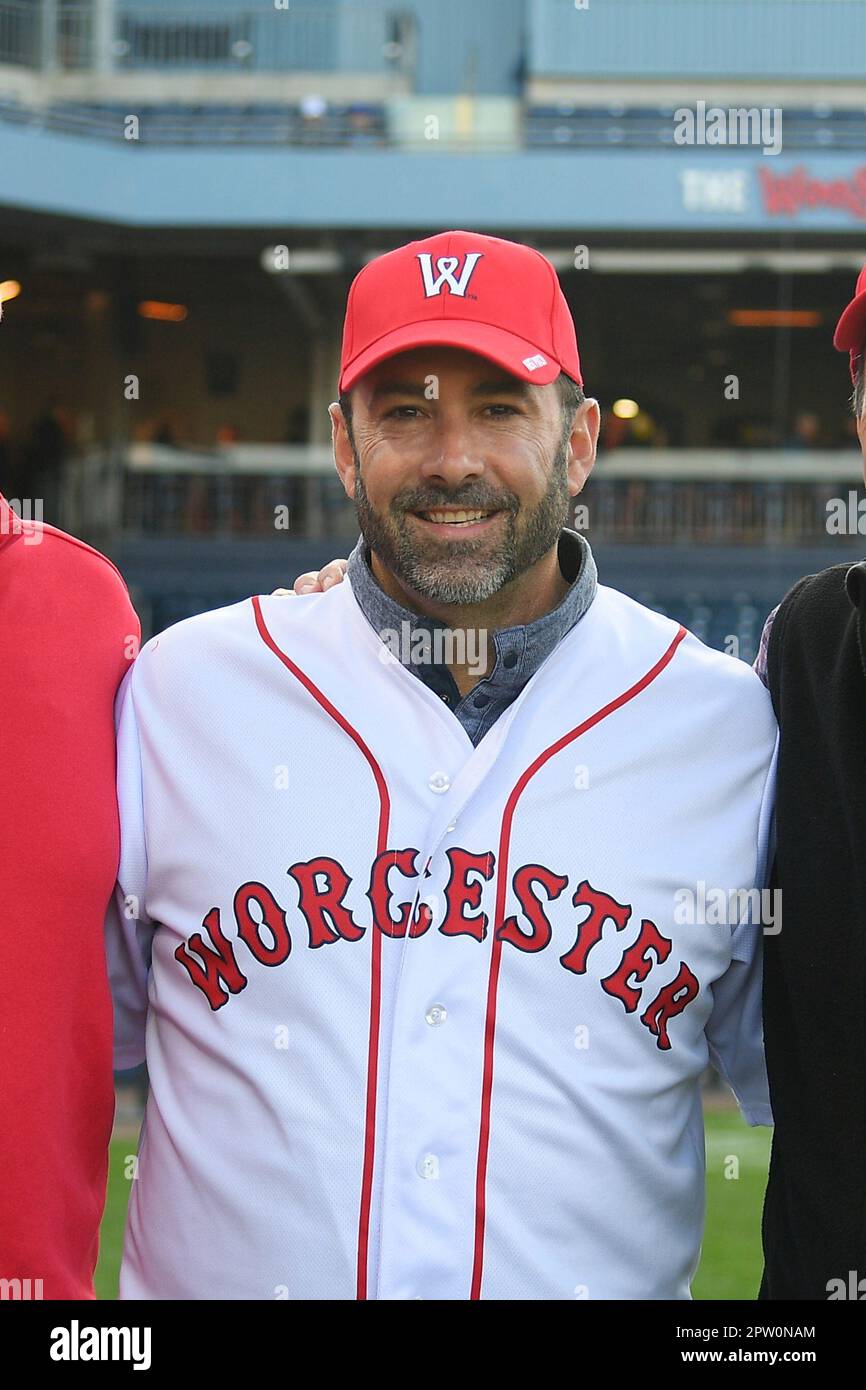 WORCESTER, MA - APRIL 27: Former Boston Red Sox player Lou Merloni poses  for a photo after throwing out a ceremonial first pitch before a AAA MiLB  game between the Scranton/Wilkes-Barre RailRiders