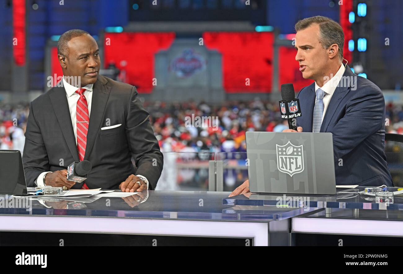 NFL Network anchor Daniel Jeremiah (right) talks NFL Network anchor Charles Davis (left) during the broadcast of the 2023 NFL Draft at the Union Station on Thursday, April 27, 2023 in Kansas