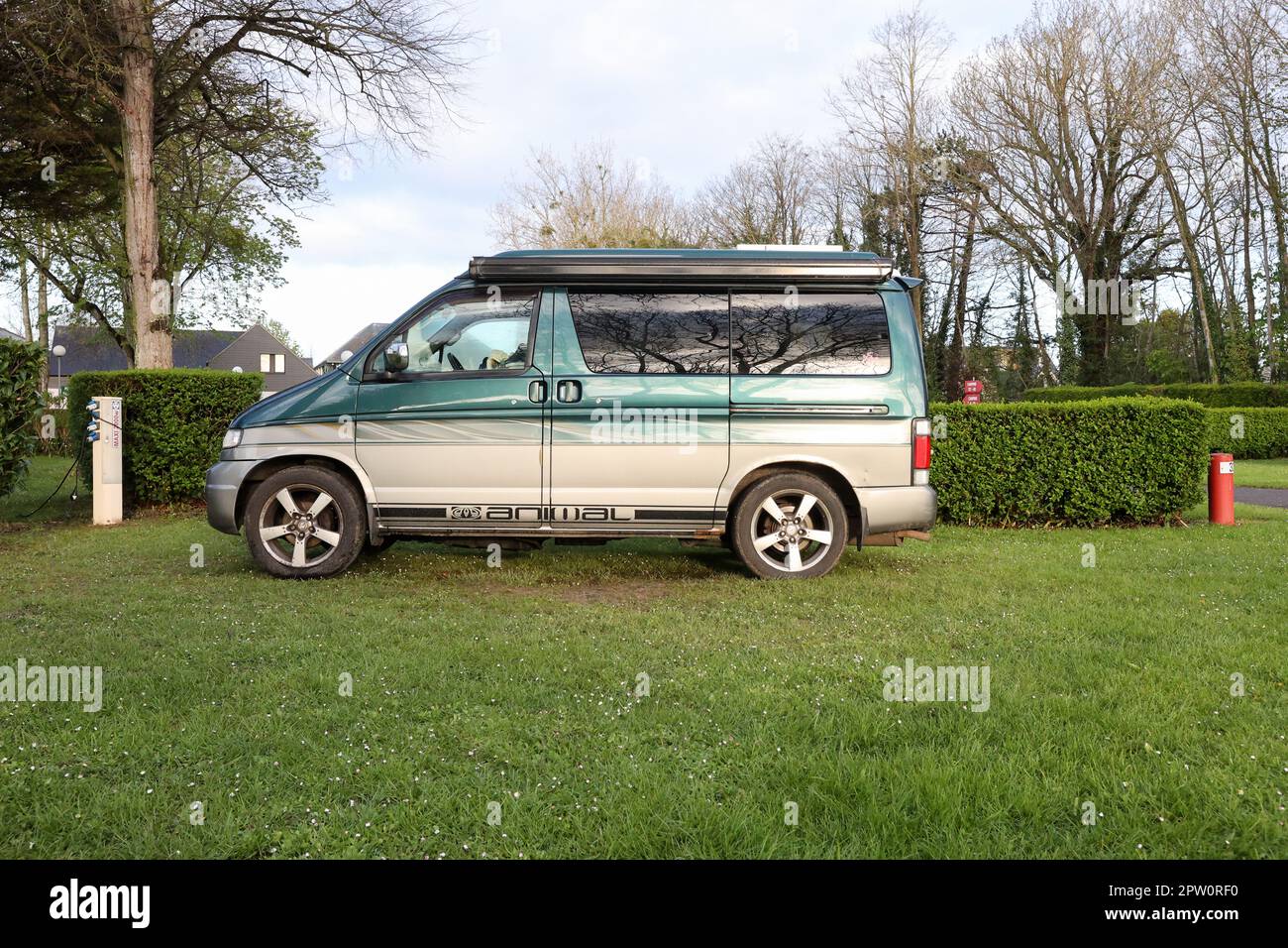 Mazda Bongo,campervan,vanlife,parked,at,campground,at,Mont Saint Michel,Normandie,Normandy,France,French,Europe,European, Stock Photo