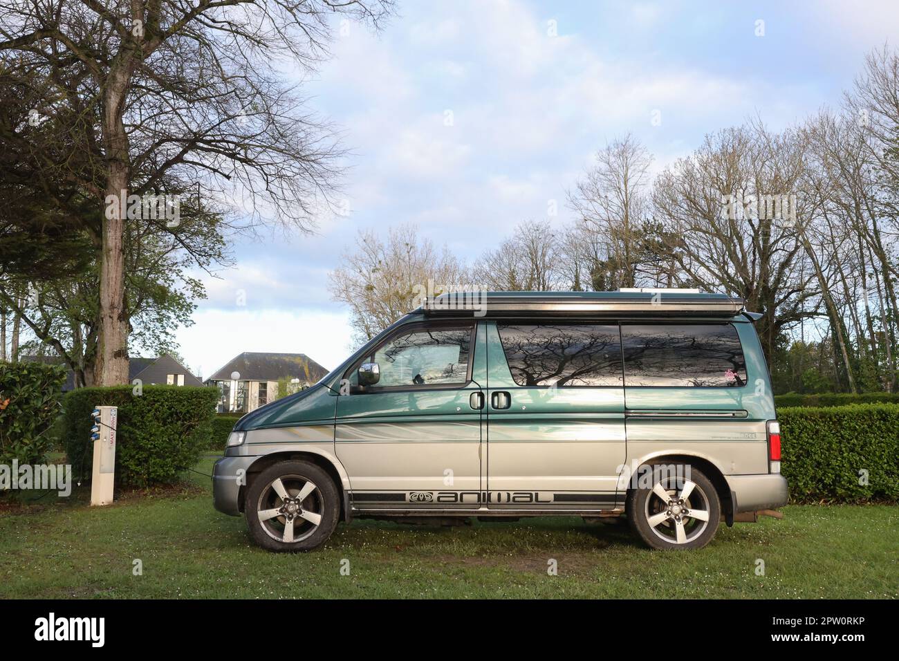 Mazda Bongo,campervan,vanlife,parked,at,campground,at,Mont Saint Michel,Normandie,Normandy,France,French,Europe,European, Stock Photo