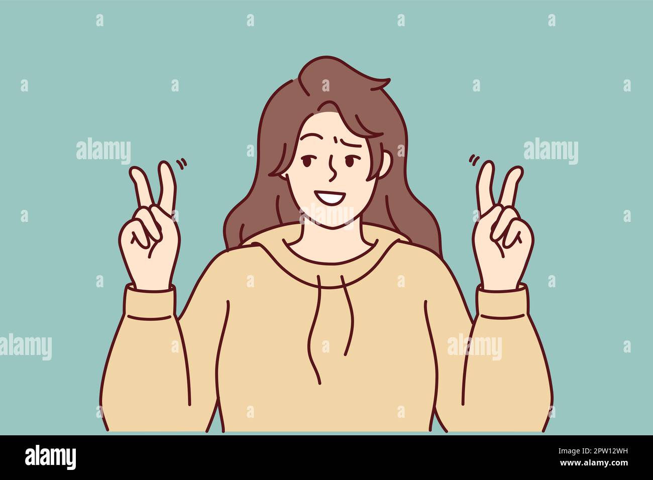 Optimistic woman raises hands in quotation marks when voicing sarcasm