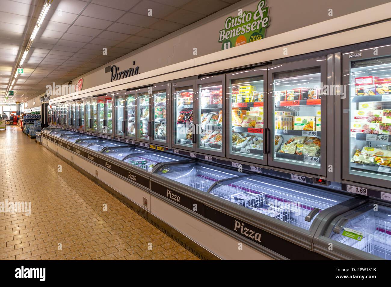 Fossano, Italy April 28, 2023 Aisle with refrigerated counters with