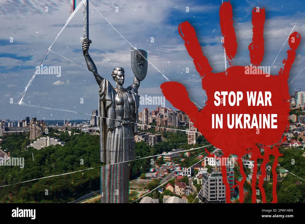 handprint on the background of the Kiev of Ukraine and the inscription Stop the war Stock Photo