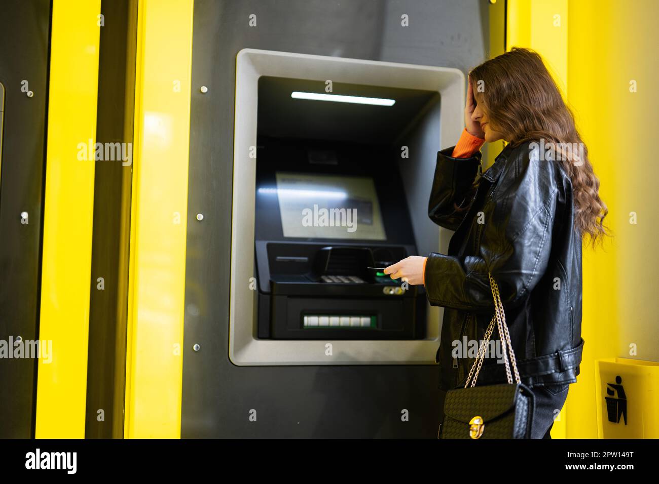 Oh no, i pin code. Young disappointed girl withdrawing