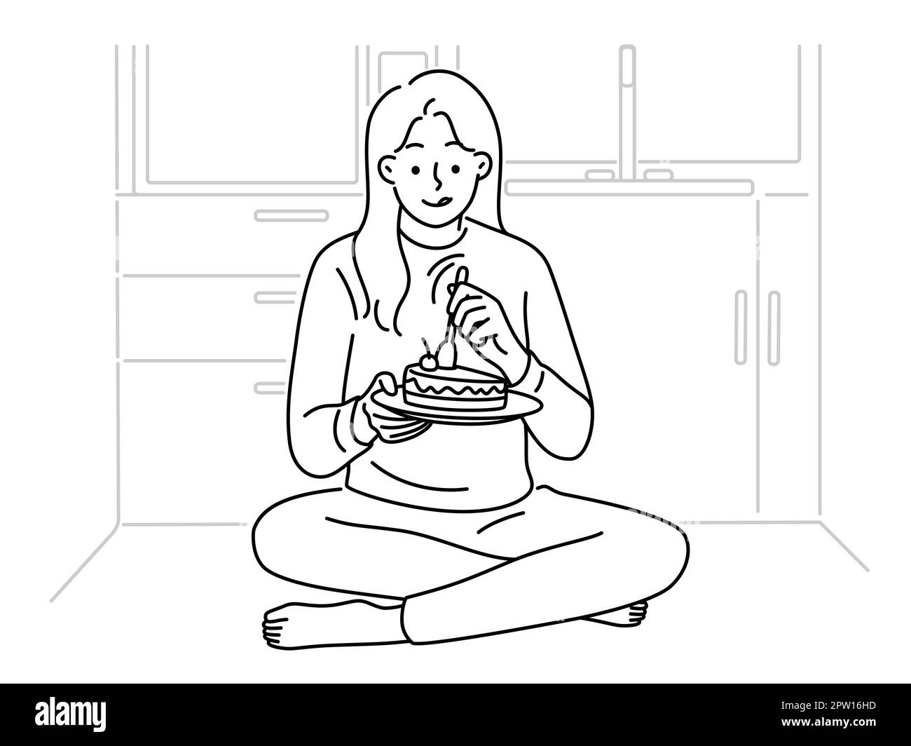 Woman sit on floor eat chocolate cake Stock Vector