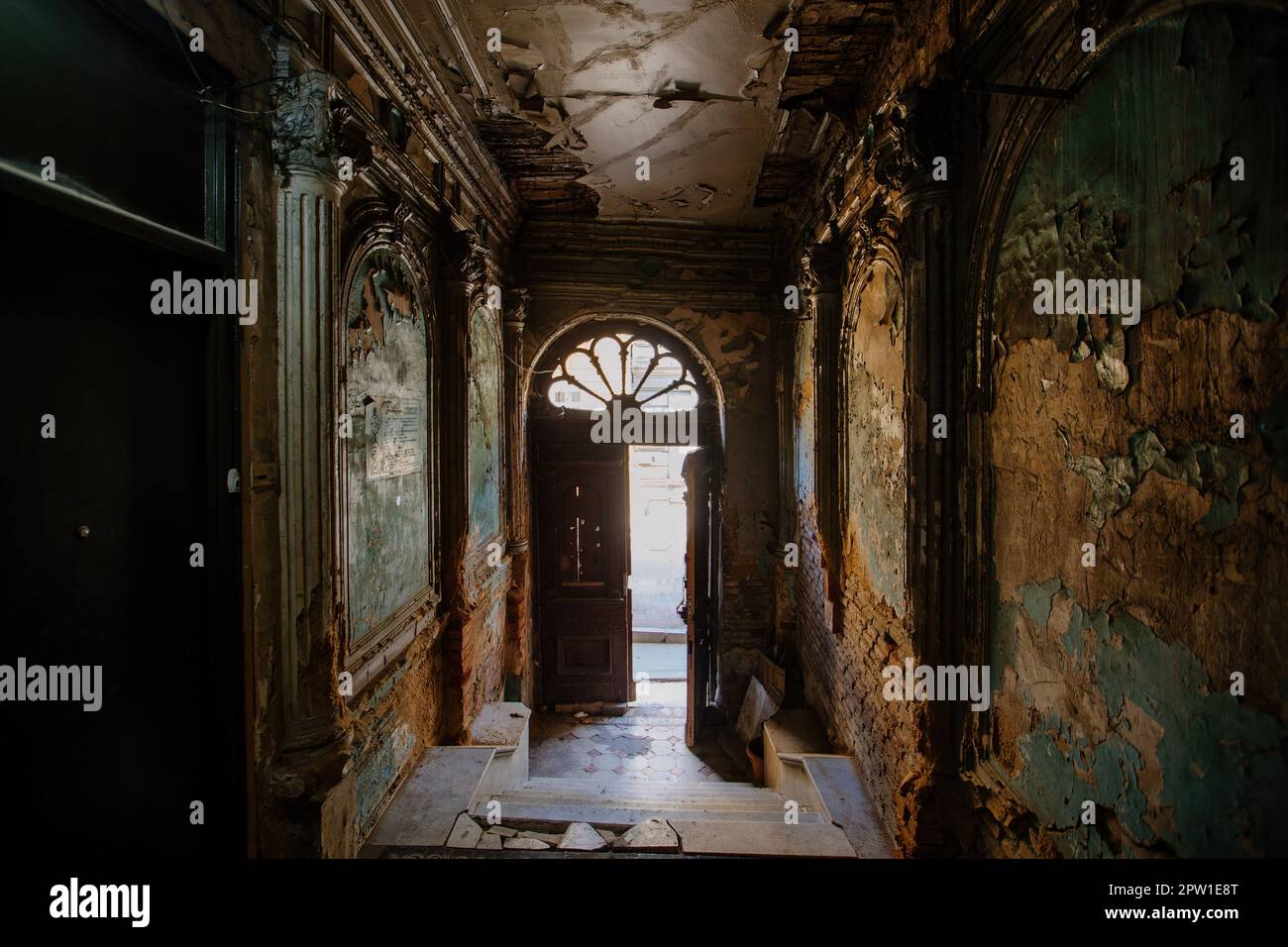 Entrance hall in old abandoned mansion. Stock Photo