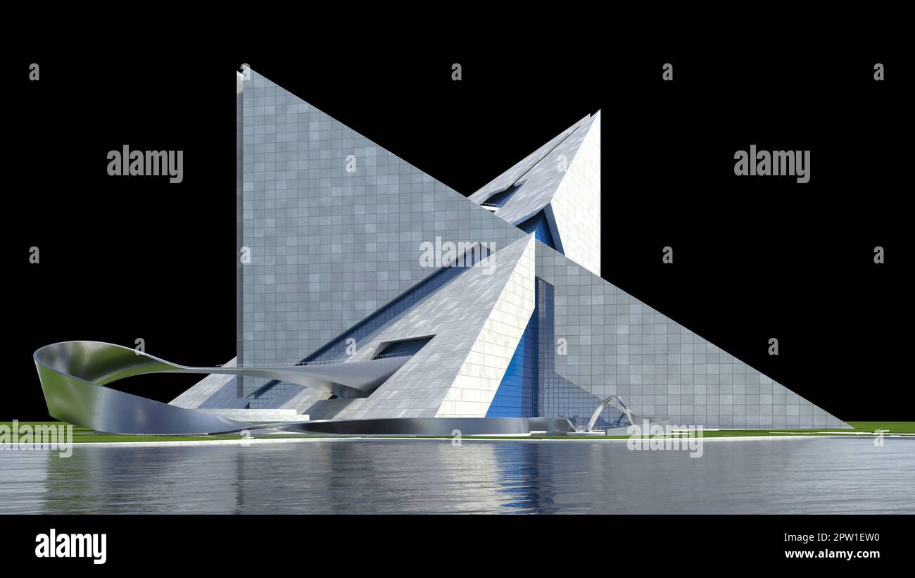Futuristic architecture with concrete and glass interlocked triangular ...