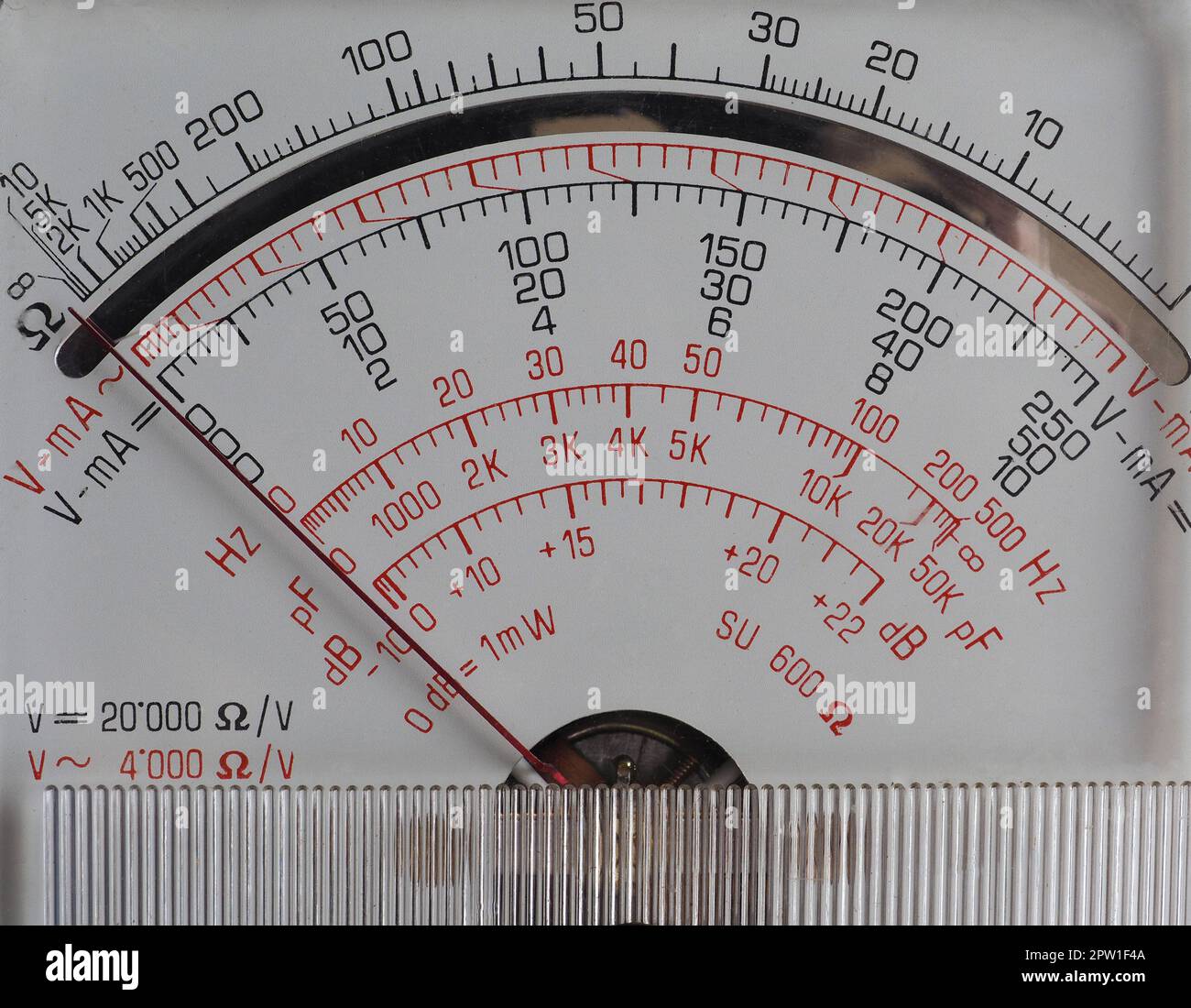display of a vintage analog multimeter to measure voltage resistance