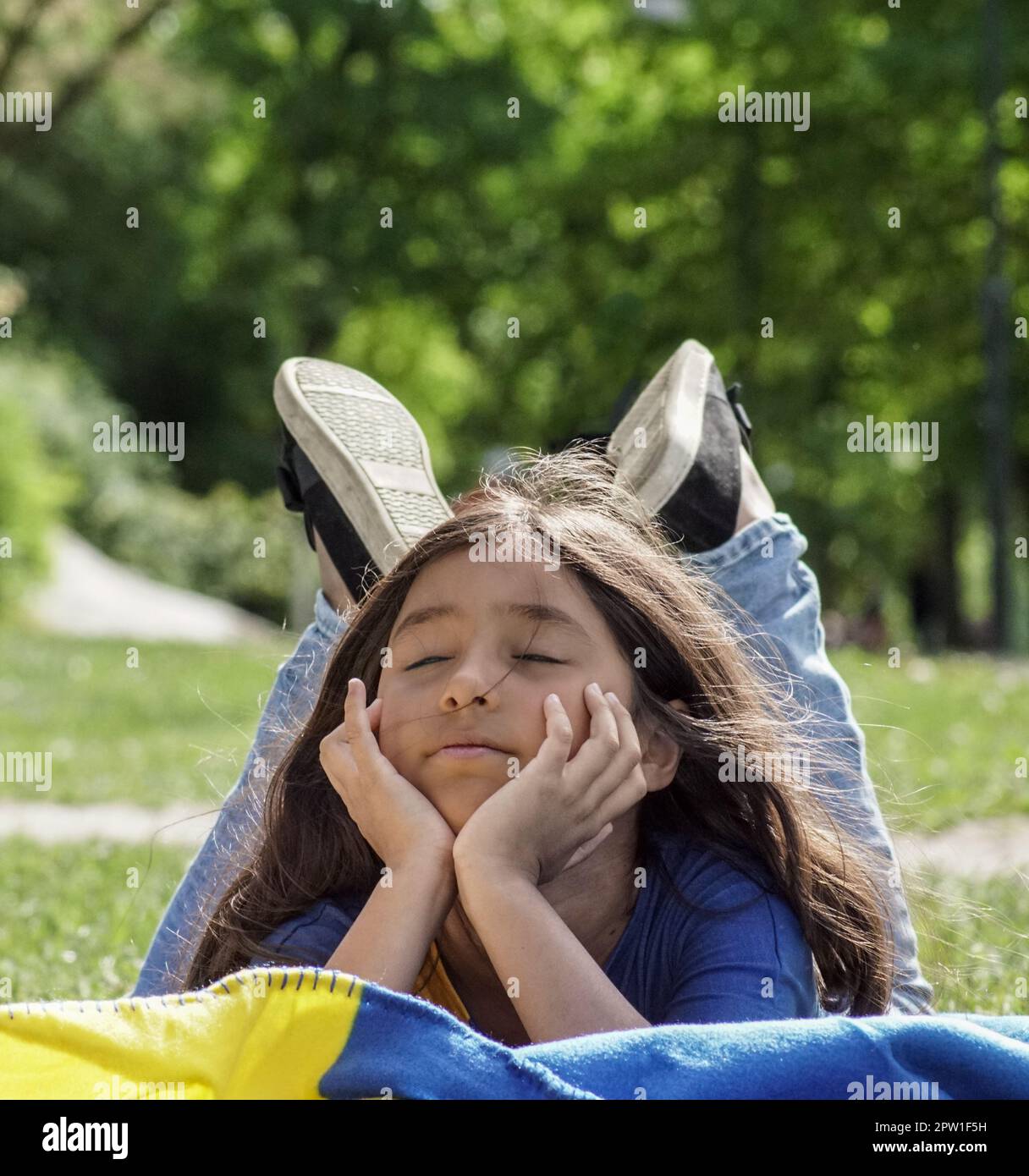 A girl lying on blanket in park during summer Stock Photo Alamy