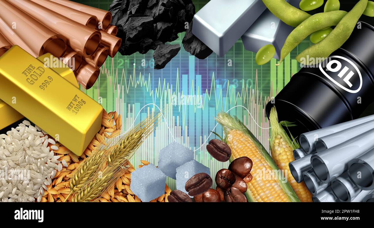 Commodity And Commodities and economic goods and natural resources or goods to trade or exchange as a stock market trading as crude oil coffee beans Stock Photo