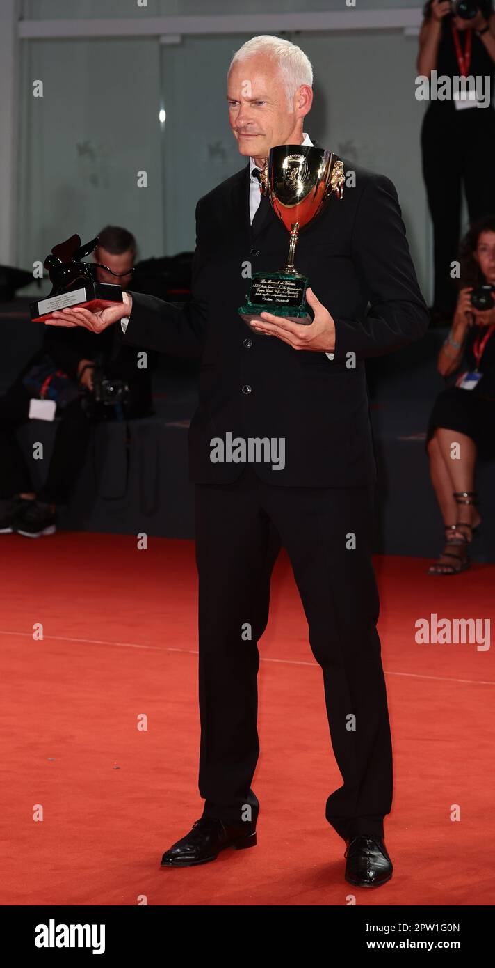 VENICE, ITALY - SEPTEMBER 10: Martin McDonagh poses with the Award for Best Screenplay and Colin Farrell the Coppa Volpi for Best Actor Stock Photo