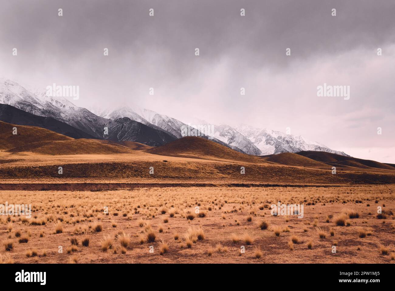 Dry grassland with rolling hills by the snowy Andes mountains in Valle de Uco, Mendoza, Argentina, in a dark cloudy day. Stock Photo