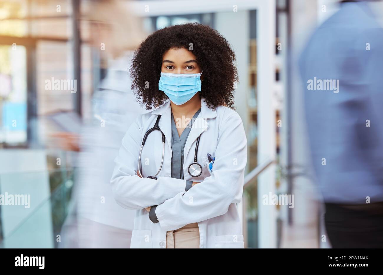 Compliance, healthcare and covid face, mask rules with proud doctor