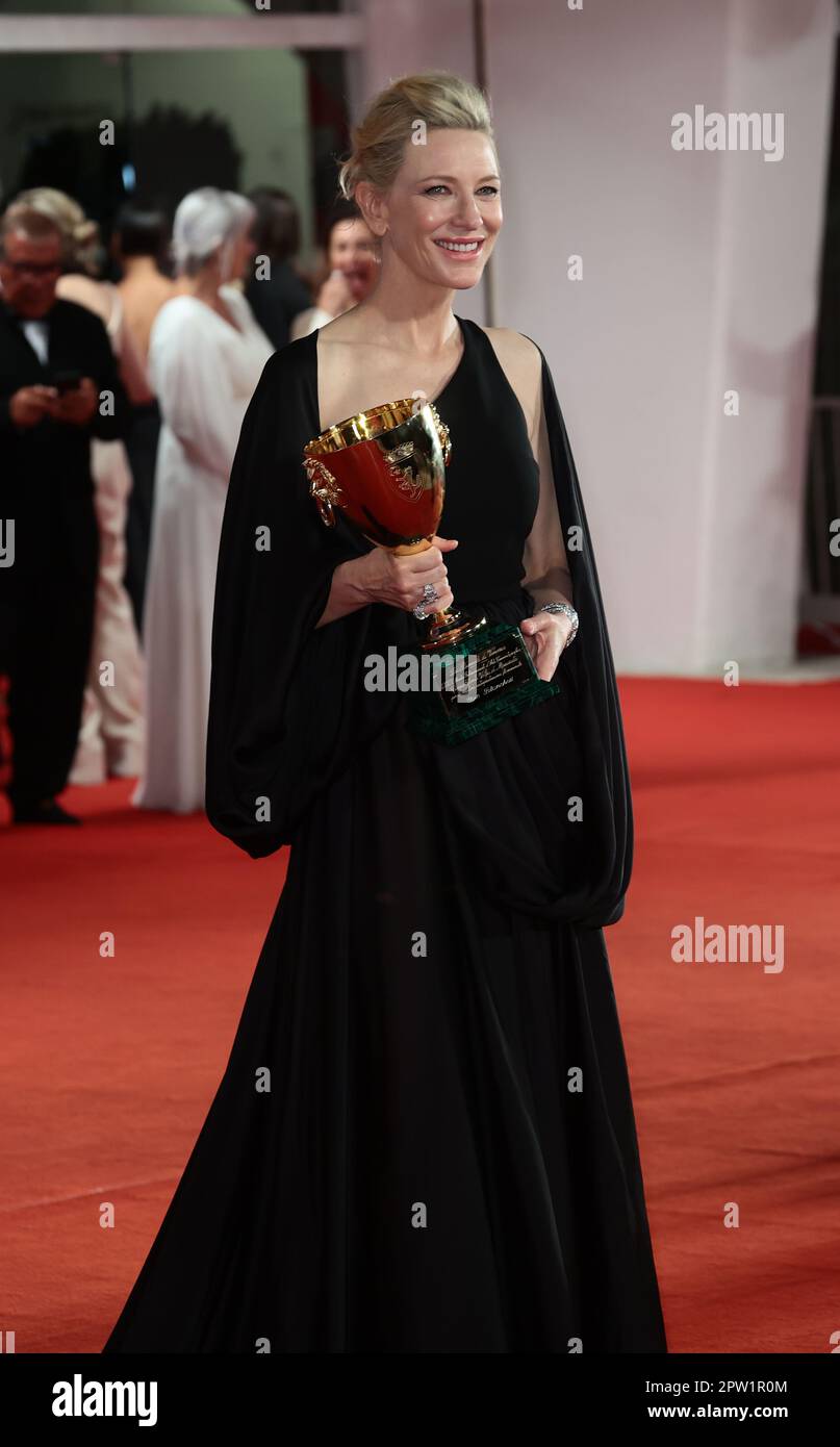 VENICE, ITALY - SEPTEMBER 10: Cate Blanchett poses with the Coppa Volpi for Best Actress for 'Tar' at the 79th Venice  Film Festival Stock Photo
