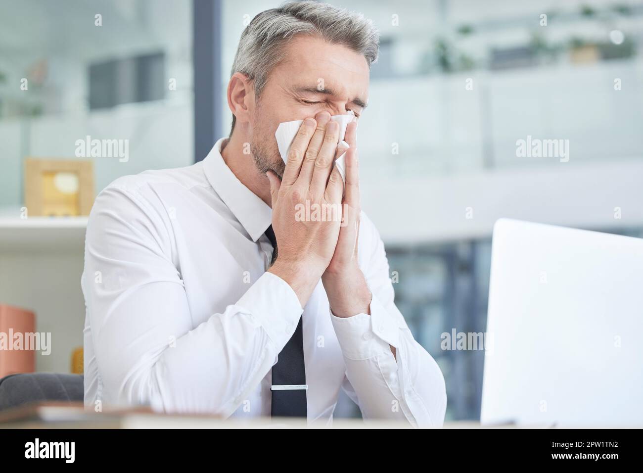 Allergies, sick and businessman in his office cleaning nose with