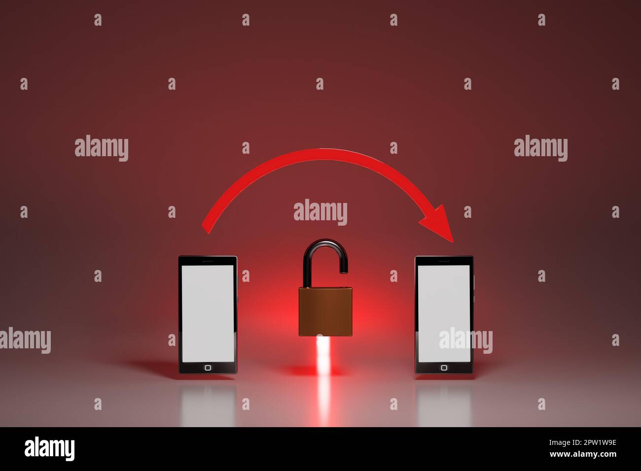 Vulnerable, unencrypted connection between mobile devices, concept. Two smartphones with red arrow and open padlock. Digital 3D rendering. Stock Photo