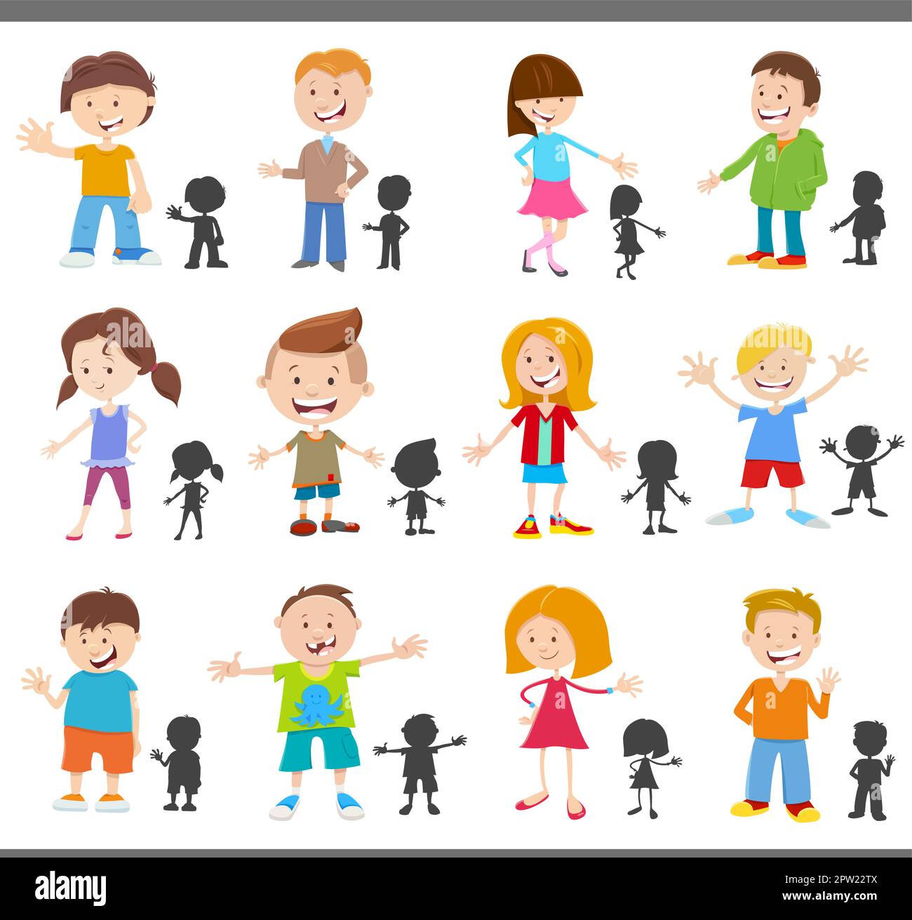 cartoon happy kids characters with silhouettes set Stock Vector Image ...