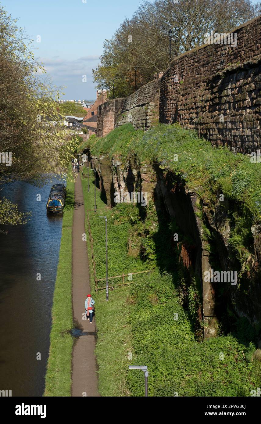 The Shropshire Union canal running alongside the city walls near Northgate Street in Chester city centre UK Stock Photo