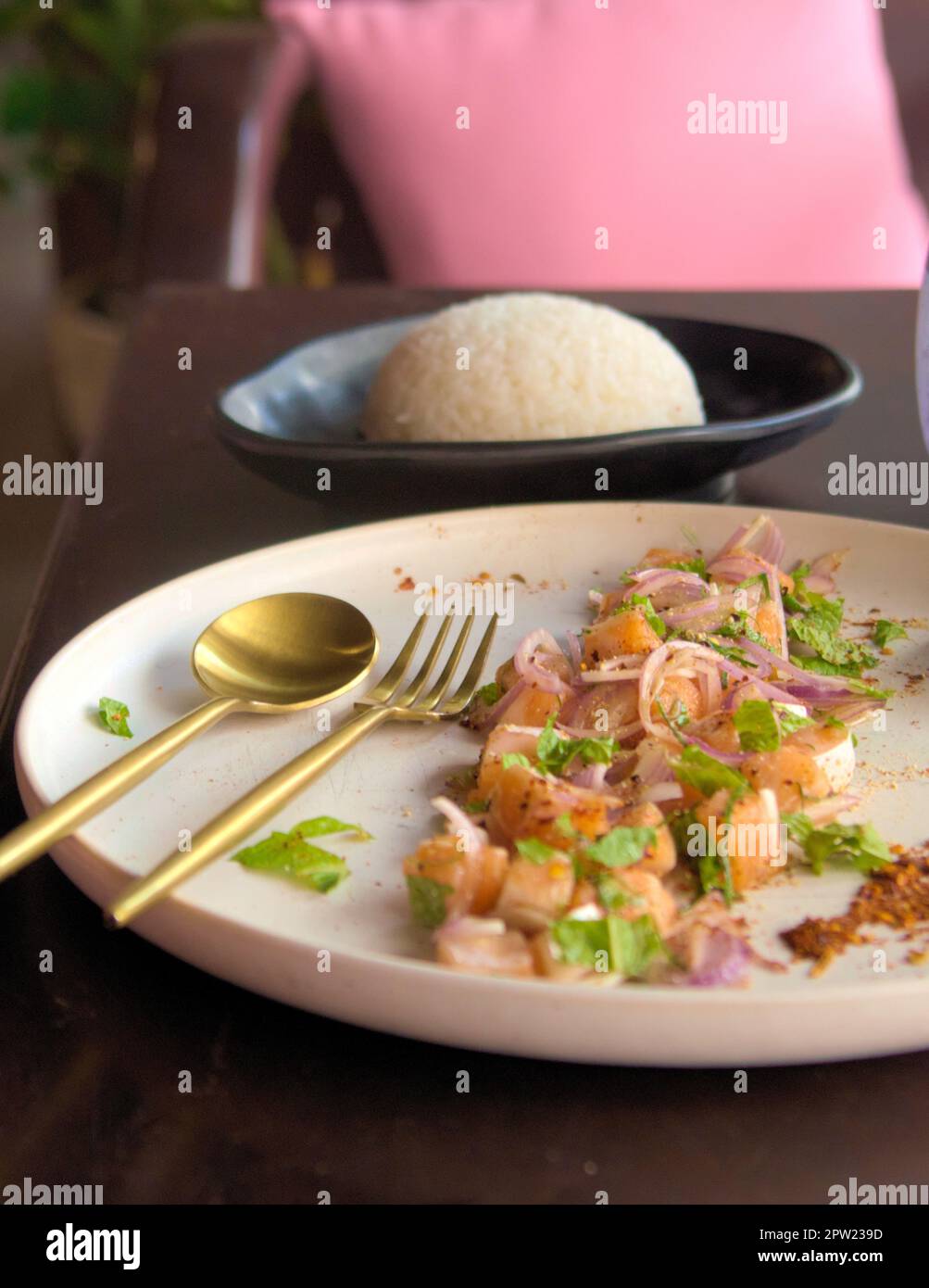 Asian cuisine. Diced raw salmon with red onions, lemon and mint, with steamed rice on the side. Close up shot. Stock Photo