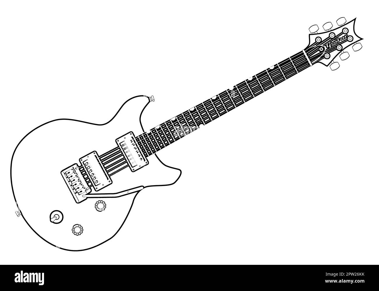 A typical double cutaway electric guitar in outline over white Stock Photo