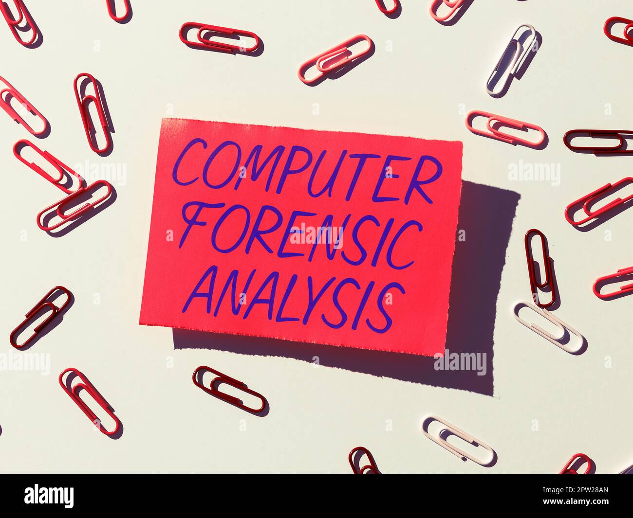 Text caption presenting Computer Forensic Analysis, Internet Concept evidence found in computers and storage media Stock Photo