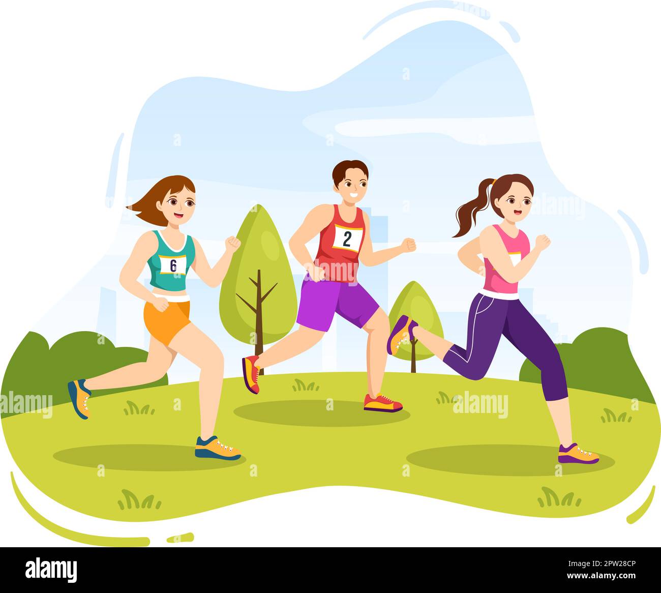 Marathon Race Illustration with People Running, Jogging Sport Tournament and Run to Reach the Finish Line in Flat Cartoon Hand Drawn Template Stock Vector