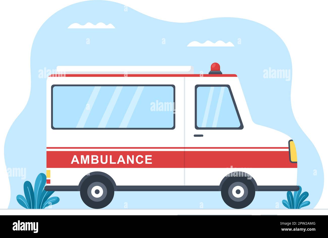Medical Vehicle Ambulance Car or Emergency Service for Pick Up Patient the Injured in an Accident in Flat Cartoon Hand Drawn Templates Illustration Stock Vector