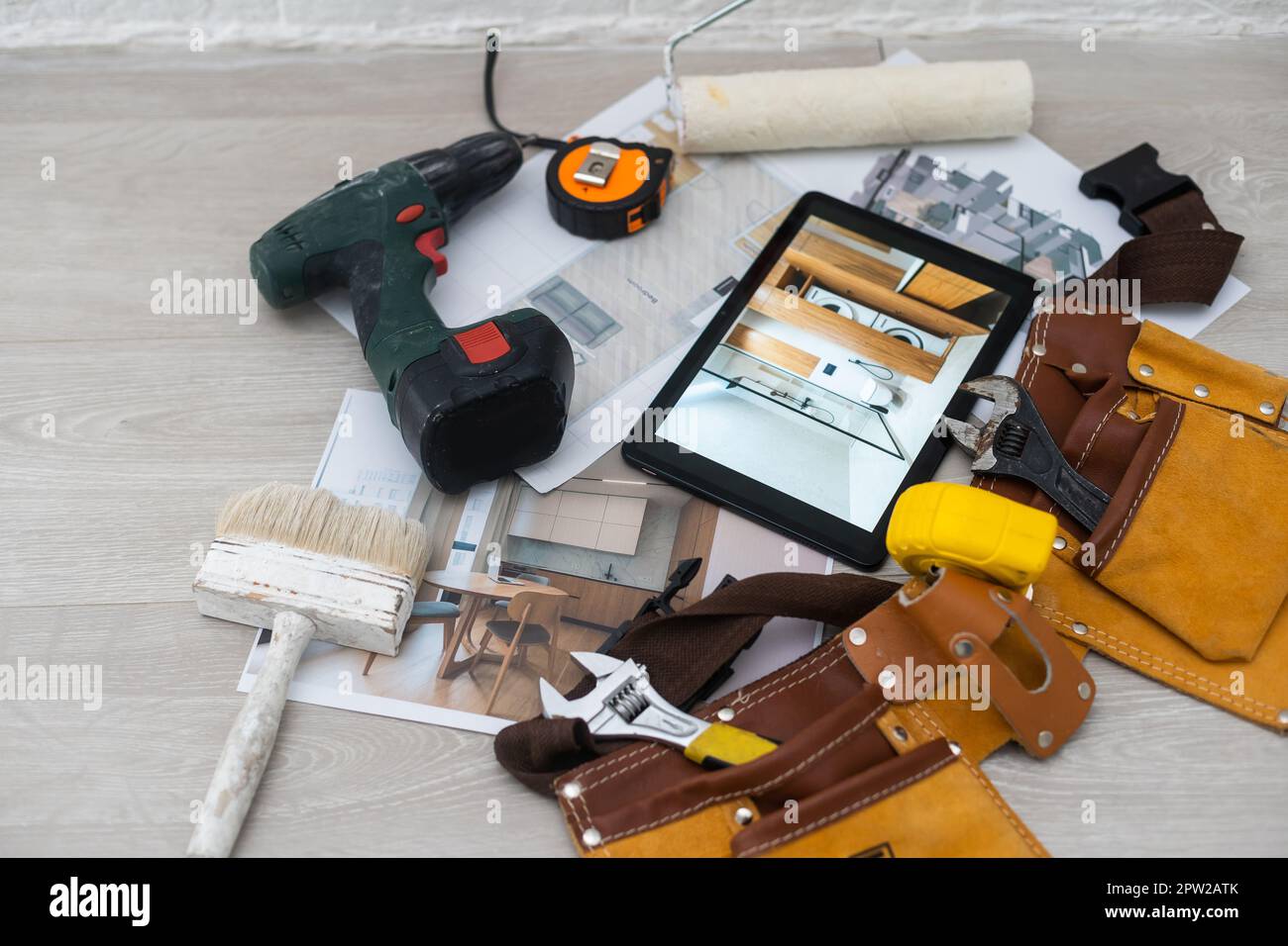 business, architecture, building, construction, drawings, tablet, tools Stock Photo