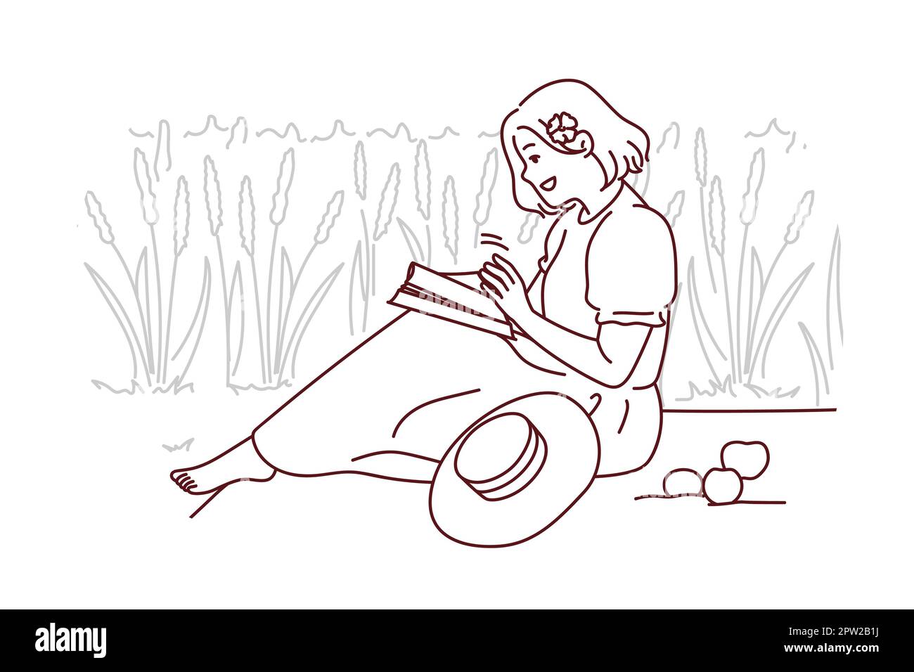 Woman sitting in field reading book Stock Vector