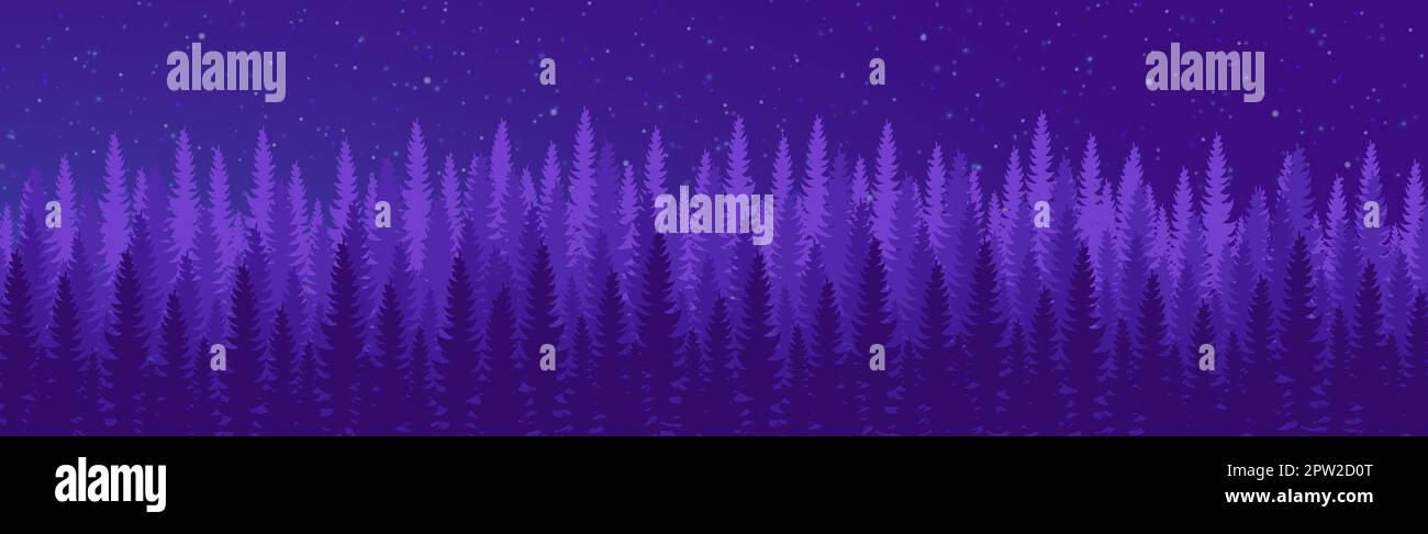 Panorama of dense night forest, fir and pine trees of natural green ...