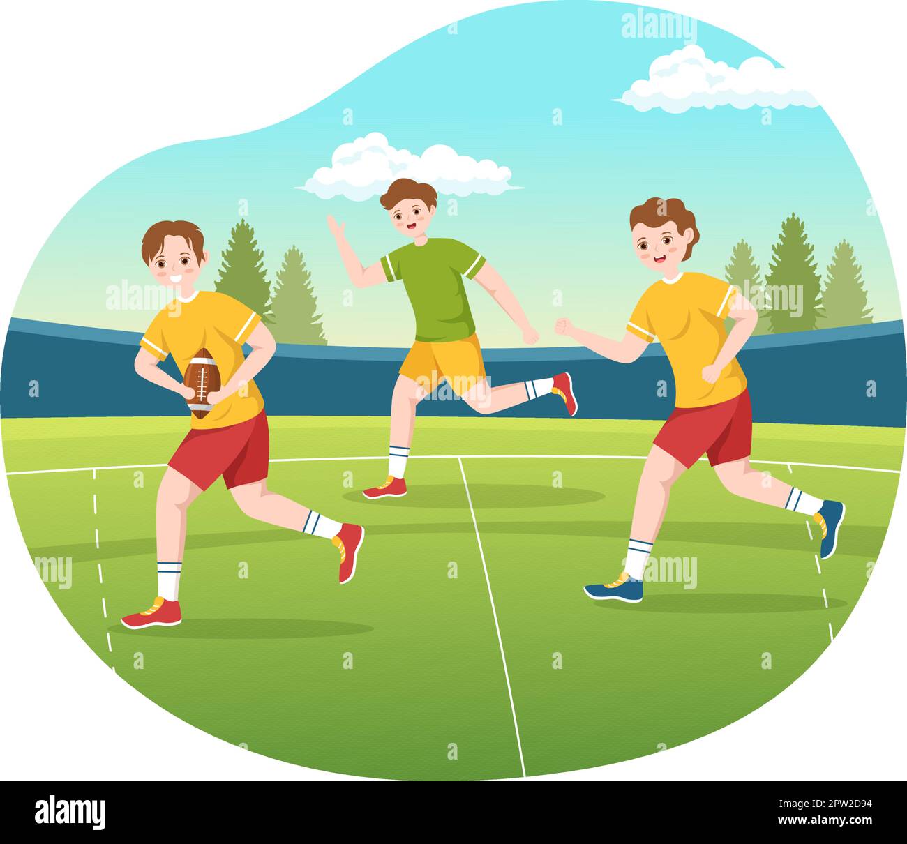 Rugby Player Running Illustration with a Ball in Championship Sport for Web Banner or Landing Page in Flat Cartoon Hand Drawn Templates Stock Vector