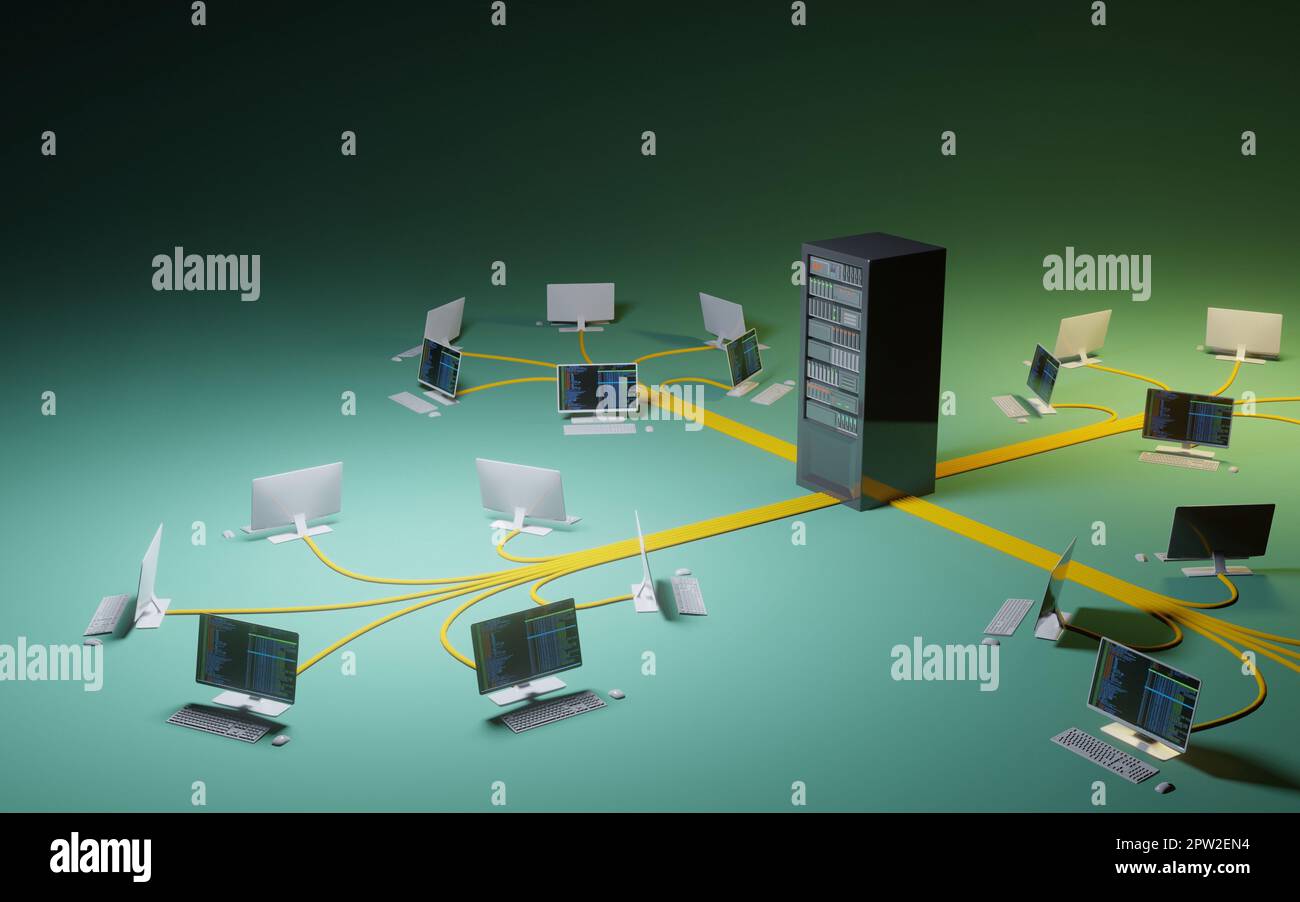 Network infrastructure, desktop computer workstations connected to data center. Digital 3D
