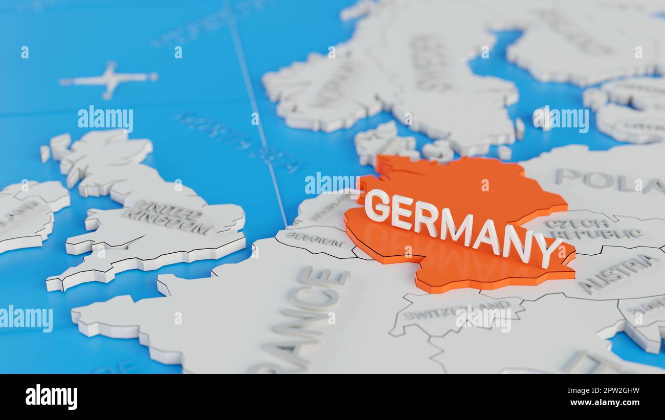 Germany highlighted on a white simplified 3D world map. Digital 3D render. Stock Photo