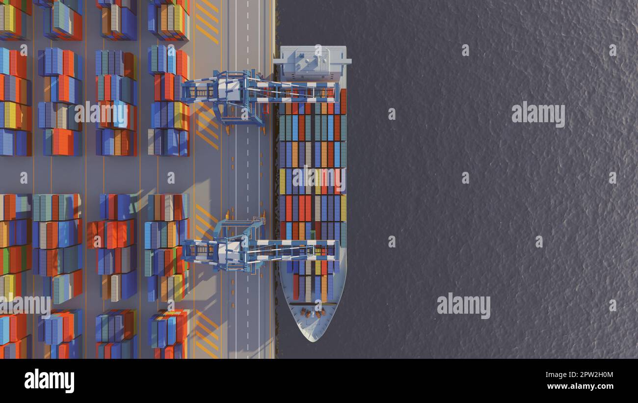 Port cranes loading containers on a cargo ship at the port. Zenithal ...