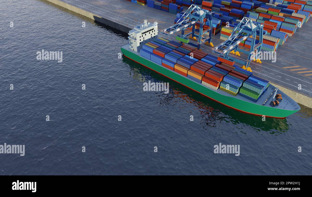Port cranes loading containers on a cargo ship at the port. Elevated ...