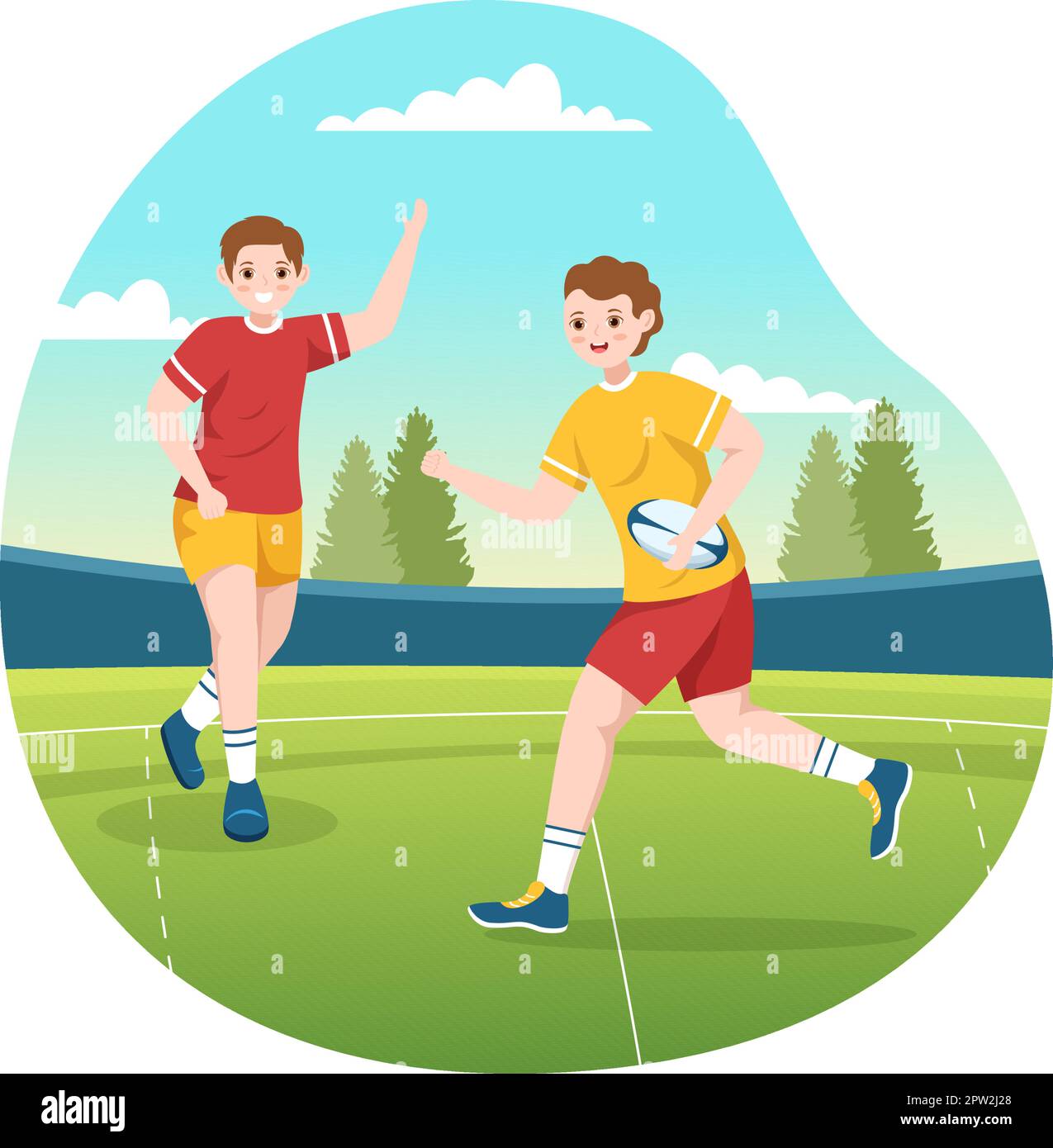 Rugby Player Running Illustration with a Ball in Championship Sport for Web Banner or Landing Page in Flat Cartoon Hand Drawn Templates Stock Vector