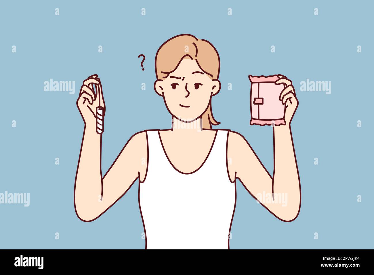 Thoughtful woman holding tampon and pad choosing what to use during