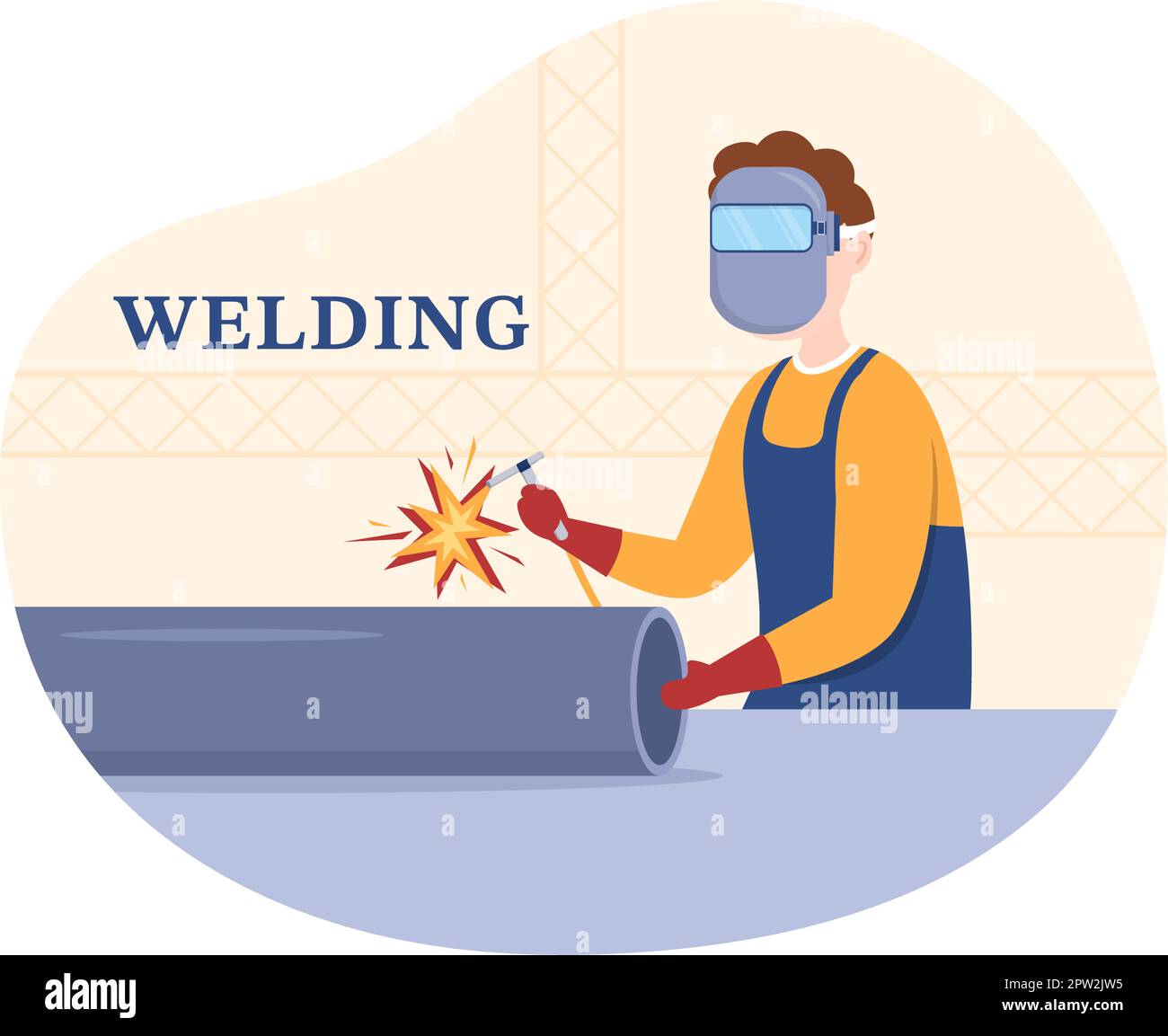 Welding Service with Professional Welder Job Weld Metal Structures, Pipe and Steel Construction in Flat Cartoon Hand Drawn Templates Illustration Stock Vector