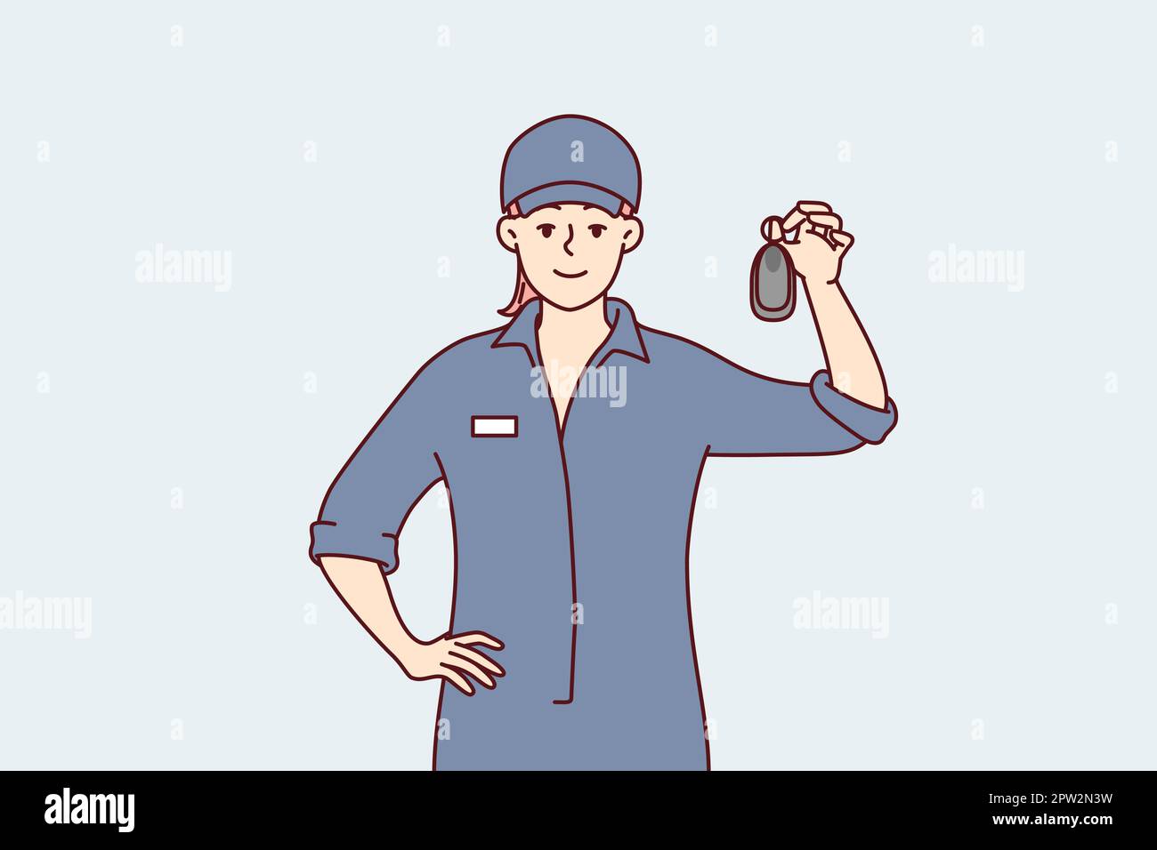 Woman working at car wash shows key to car after providing body cleaning services. Vector image