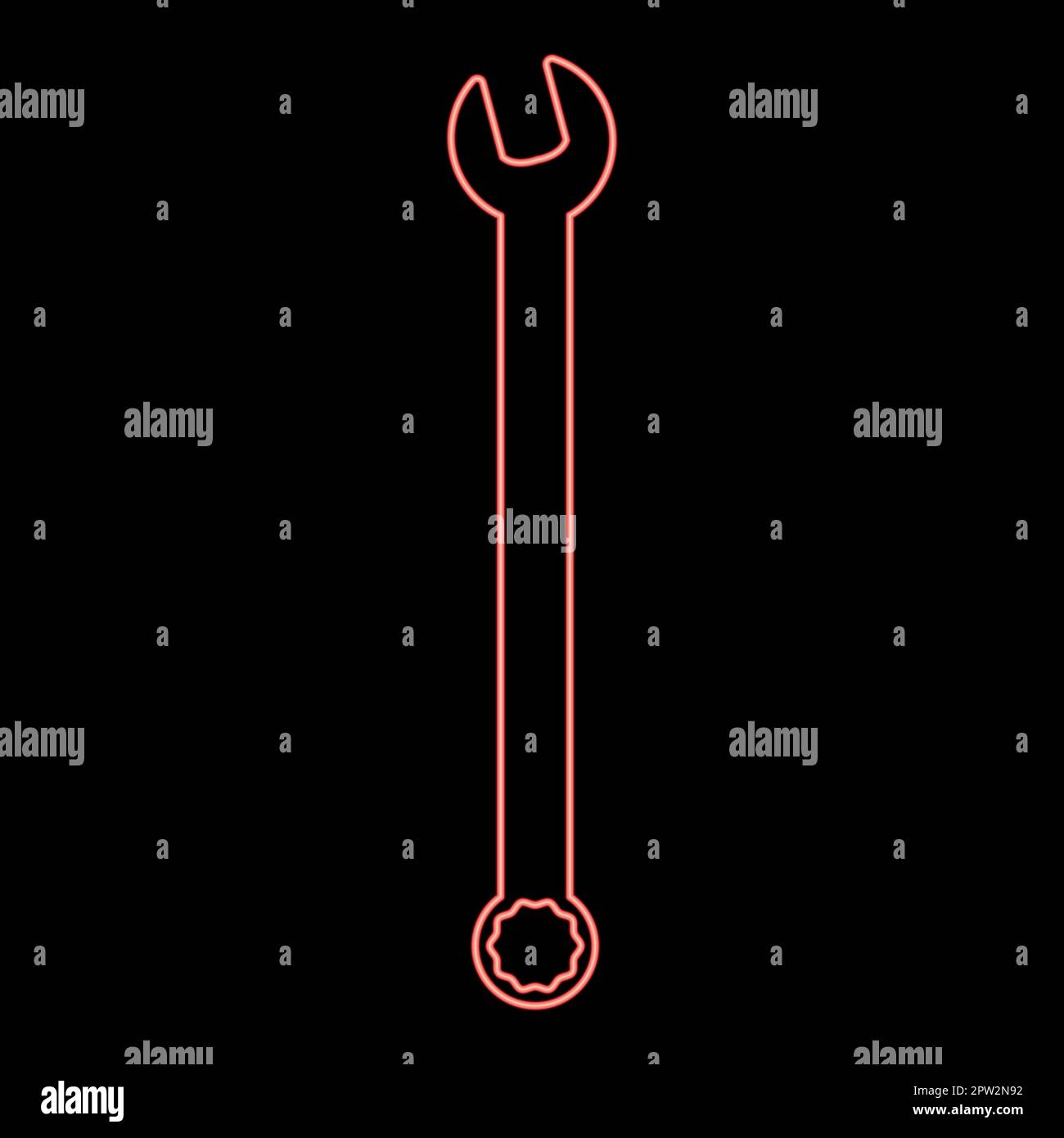 Neon wrench hexagon Spanner Hand tool Mechanic engineer instrument red color vector illustration image flat style Stock Vector
