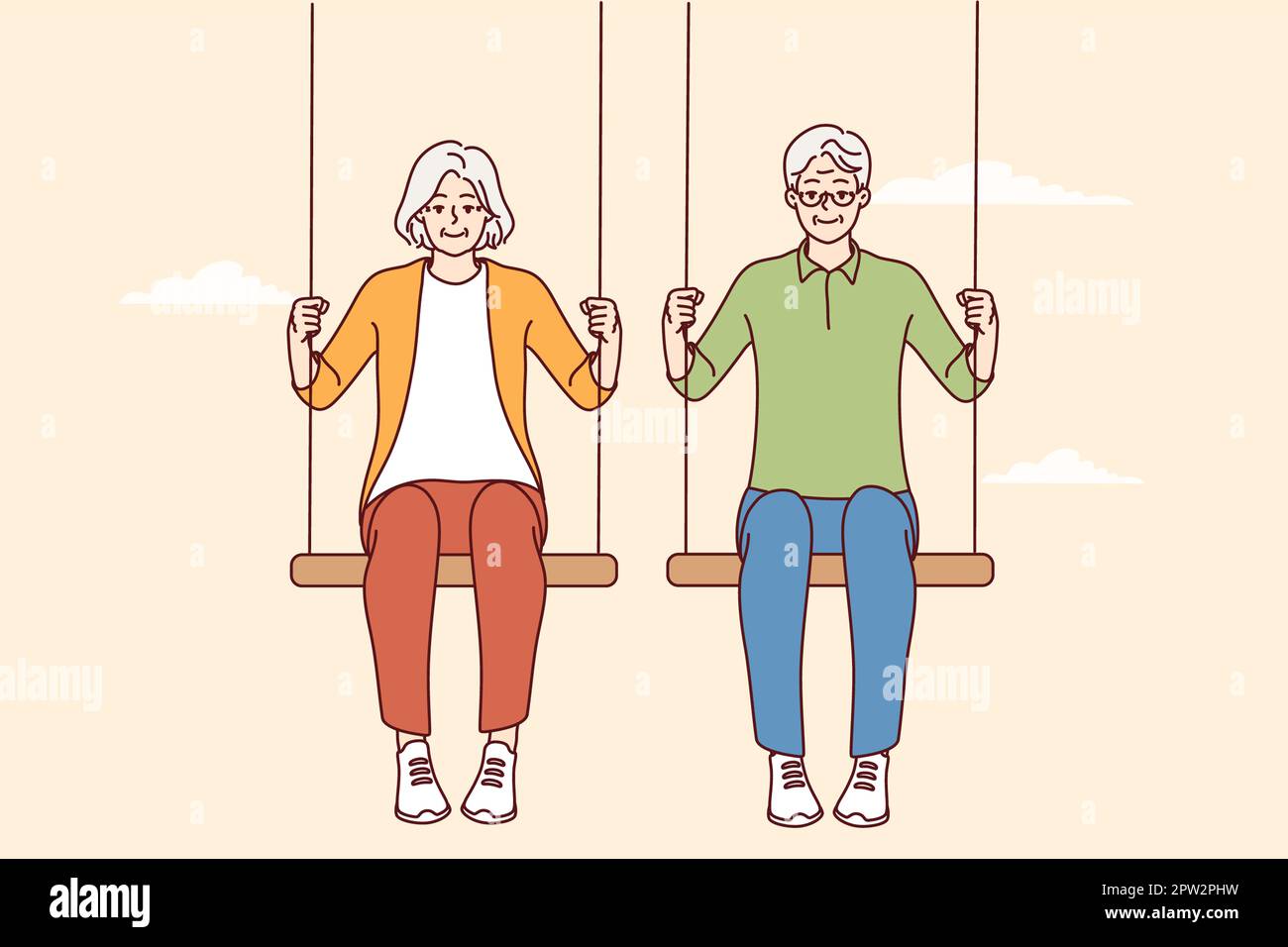 Happy Energetic Elderly Couple Siting On Swings Enjoy Maturity Together